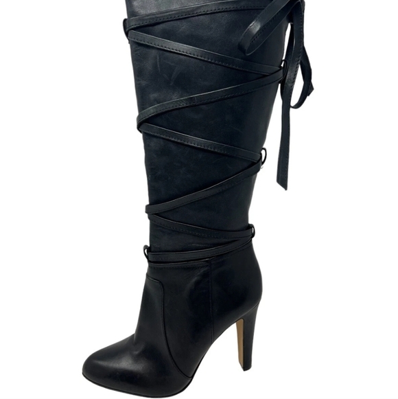 Vince Camuto New Black Leather Lace-Up Knee-High Boots Sz 6 - Picture 2 of 5